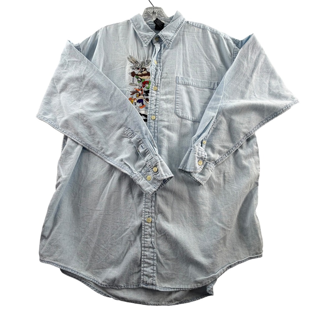 Warner Bros Looney Tunes Denim Shirt Mens L Light Blue Embroidered 90s - Picture 1 of 8